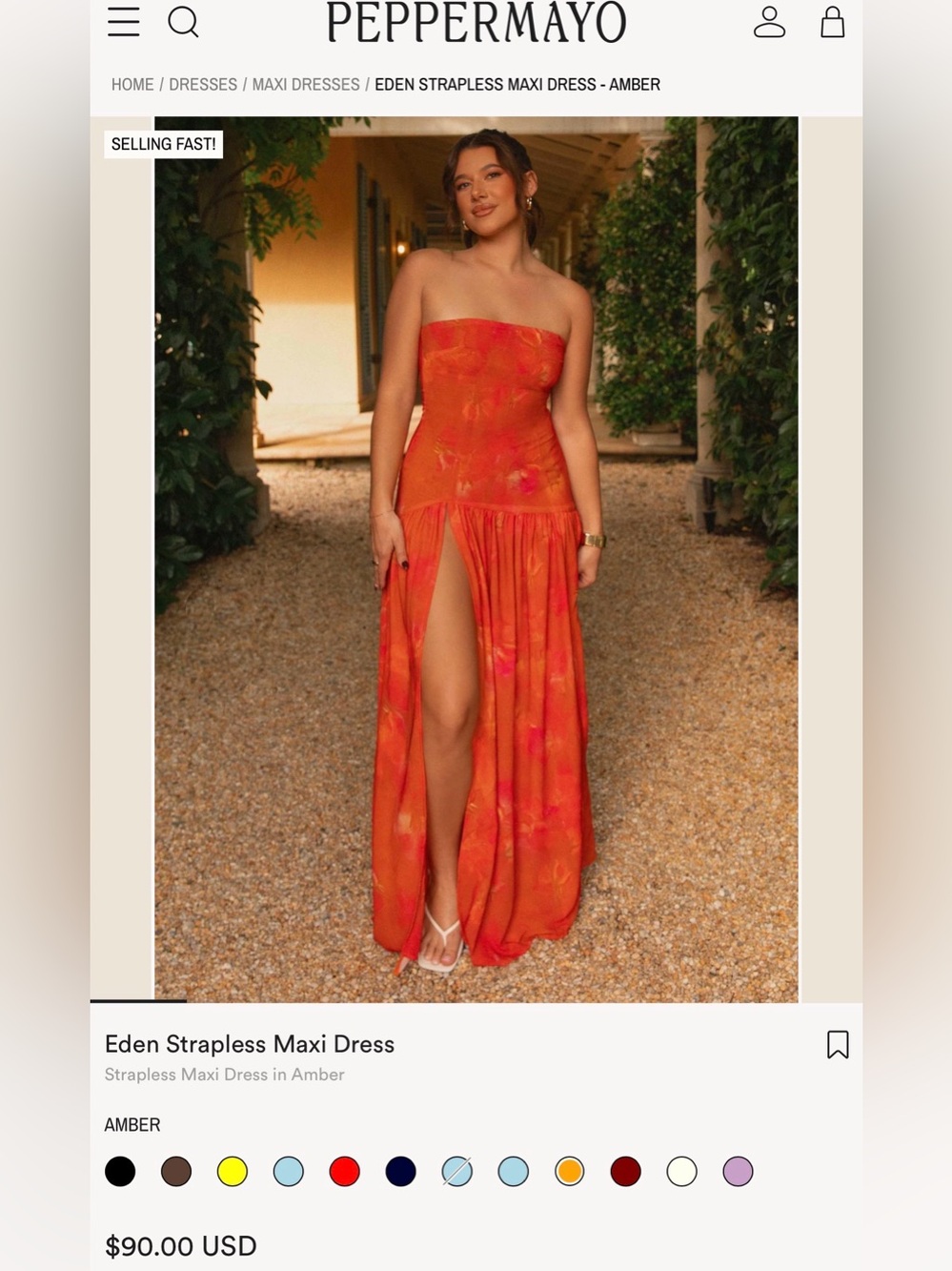 Peppermayo Eden Strapless Maxi Dress in Amber Orange